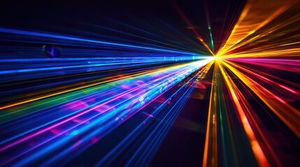Laser interference effects with vibrant multicolored light beams radiating from central point creating dynamic rainbow spectrum motion blur against dark background