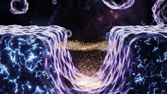 Cinematic, stylized animation of a synapse where two glowing 'cliffs' synchronize into a calm, balanced, rhythmic pulse.