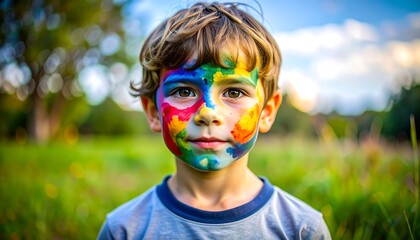 Boy with colorful face paint in grassy field.