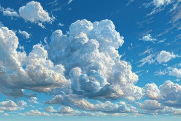 Clouds billow in bright blue summer sky during a peaceful sunny afternoon, showcasing high altitude cumulus formations