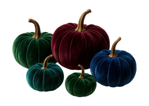 Jewel-toned velvet pumpkins for stylish coffee table decor in modern urban spaces.