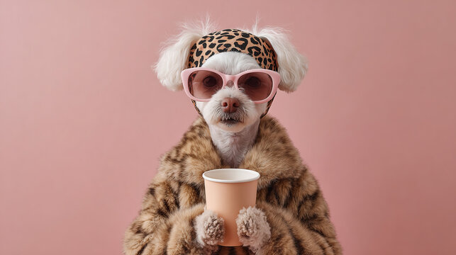Glamorous dog with pink glasses and a leopard print headband sips from a cup, exuding a stylish and sophisticated vibe on pink backdrop.