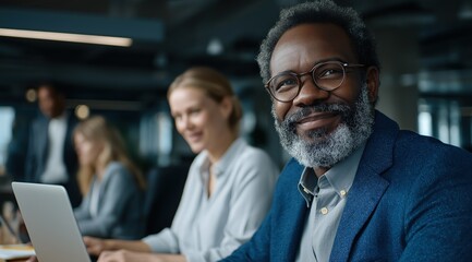 Smiling business team working together in modern open plan office