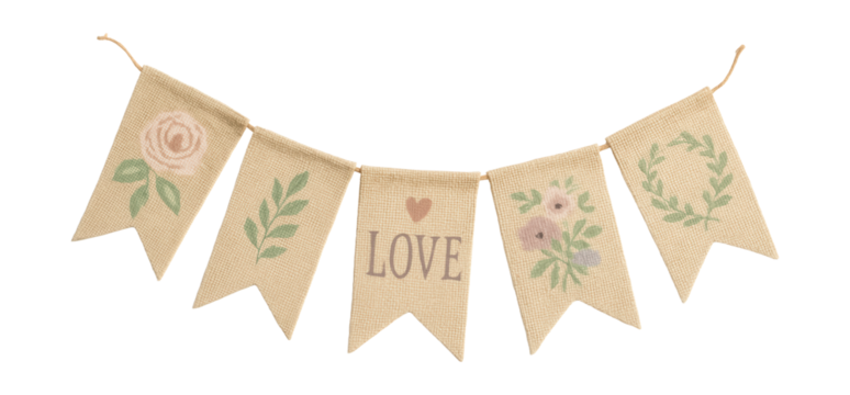Hand-painted burlap flags perfect for a rustic garden wedding.