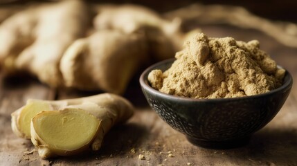 Ground ginger powder and fresh ginger root on wooden table. Generative AI