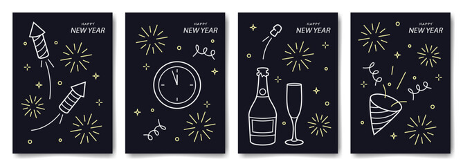 New Year cards with bottle of champagne, glass, firecracker and fireworks. Set of minimalist posters design in white, yellow and blue colors. Vector illustration.