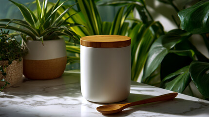 White eco-friendly bamboo canister with wooden lid and spoon, front view on white marble table, green plants in the background