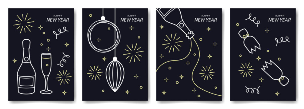 New Year cards with bottle of champagne, glass, confetti popper and Christmas tree balls. Set of minimalist posters design in white, yellow and blue colors. Vector illustration.