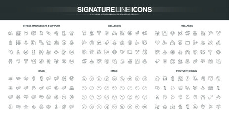 Comprehensive line icon set covering stress management, wellbeing, wellness, brain health, emoji emotions, and positive thinking themes isolated vector illustration