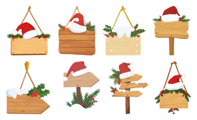 PNG Festive wooden signs with decorations, element set on transparent background