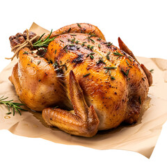 Roasted herbseasoned chicken with golden crispy skin on parchment paper isolated on transparent background