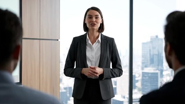 A businesswoman in a dark suit presents in an office setting, with people in the foreground