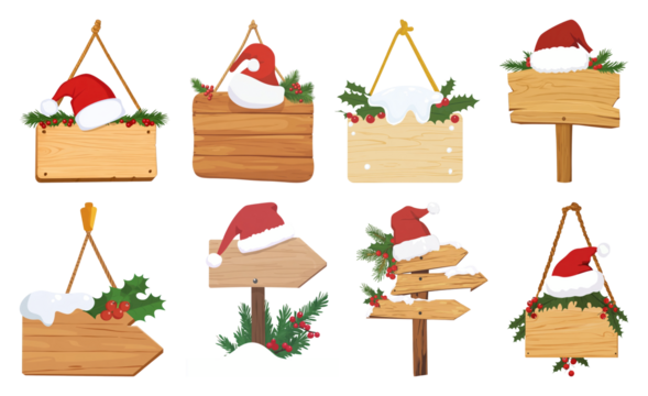 PNG Festive wooden signs with decorations, element set on transparent background