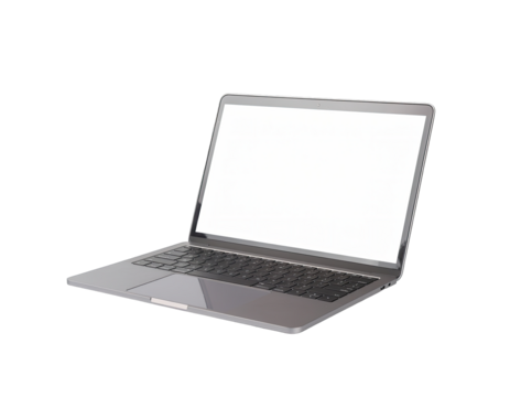 Modern Silver Laptop Open With White Blank Screen and Keyboard Illuminated by Soft Light Isolated on Transparent Background - Powered by Adobe