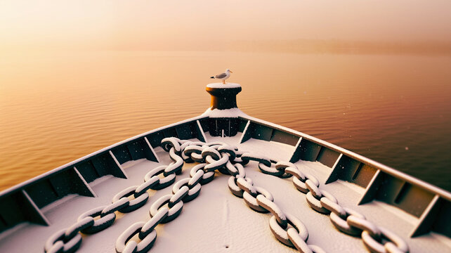 Ship bow with chains and seagull under golden sunset on water