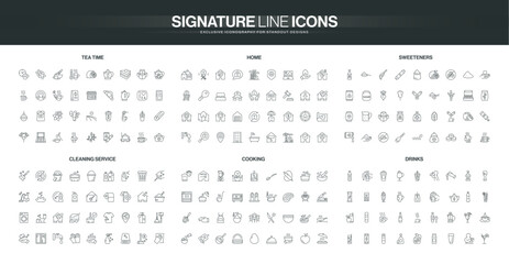 Collection of minimal line icons themed around tea time, home essentials, sweeteners, cleaning service, cooking, and drinks, suitable for diverse lifestyle concepts isolated vector illustration