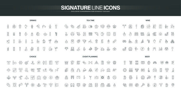 Comprehensive line icon collection featuring drinks, tea time, wine, beer, event planning, and choice concepts with modern minimalist style isolated vector illustration