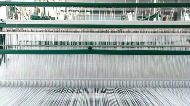 Detailed view of a textile machine in action with slow pan and zoom showing weaving process