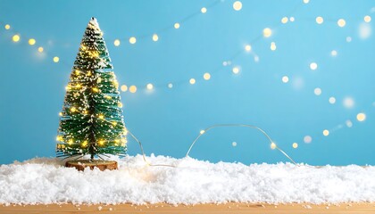 Tiny Christmas tree adorned with lights on snowy surface against a serene blue background