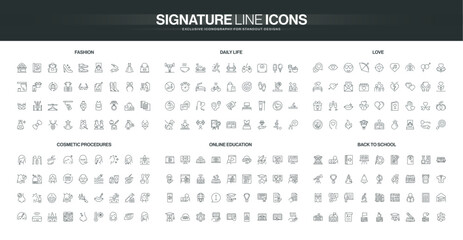 Set of thin line icons covering fashion, daily life, love, cosmetic procedures, online education, and back to school themes, modern and simple isolated vector illustration © Icon Majesty