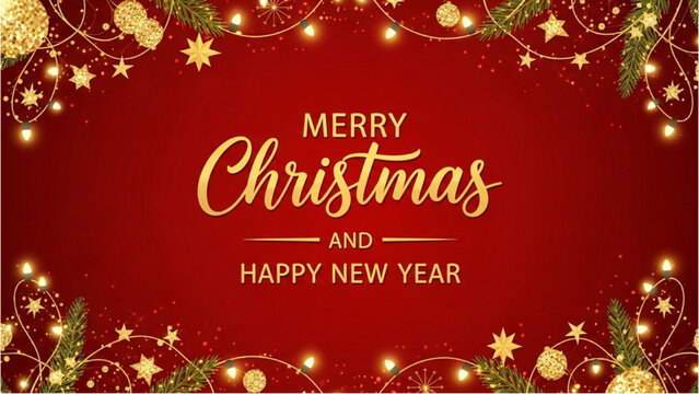 Festive Holiday Greetings Christmas and New Year Wishes in Elegant Gold on Red