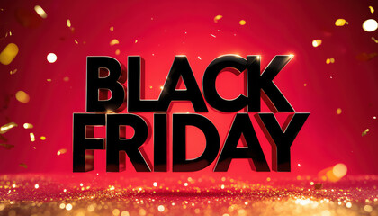 Black friday sale banner with red background and glittering confetti
