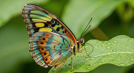 Colorful Malachite Butterfly Perched on a Vibrant Green Leaf.