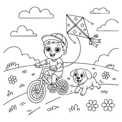 Cartoon boy on a bicycle with a kite and a running dog in a park with flowers bike