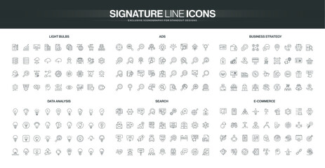 Minimalist line icons set covers light bulbs, advertising, business strategy, data analysis, search, and ecommerce concepts in a modern black outline style isolated vector illustration