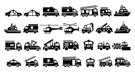 A collection of emergency and service vehicles, including police cars, ambulances, fire trucks, helicopters, tow trucks, and boats, arranged in rows. © Muhammadagil
