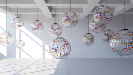 Modern abstract spherical lamps hanging in a bright white room