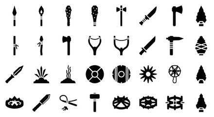 A collection of various primitive weapons, tools, and decorative elements, presented in a black and white format.