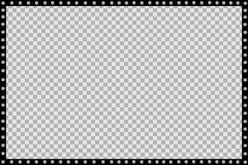 Horizontal black frame with white flowers. Flat vector design. Space for congratulations and text. Isolated on chess background.