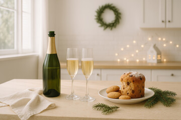 Festive holiday setting with champagne and panettone on a kitchen counter