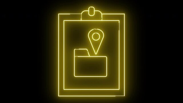 Yellow neon graphic shows clipboard with folder and map pin