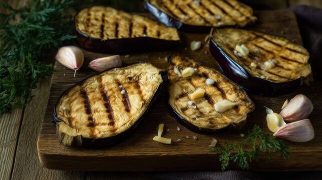 Grilled eggplant slices with garlic and herbs on wooden board. Generative AI
