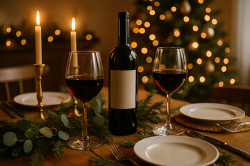Festive candlelit dinner with wine and christmas tree in background