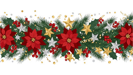Seamless Christmas Garland Border with Poinsettias and Stars