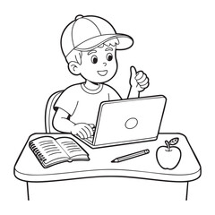 Cheerful boy wearing a baseball cap giving a thumbs up while using a laptop at a desk with a book and apple