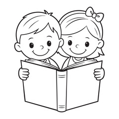Close-up of two smiling cartoon children, a boy and a girl, reading an open book kids