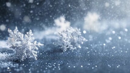Macro shot of glittering silver snowflake ornaments on a dark blue sparkling surface with falling snow effects and soft focus - Powered by Adobe