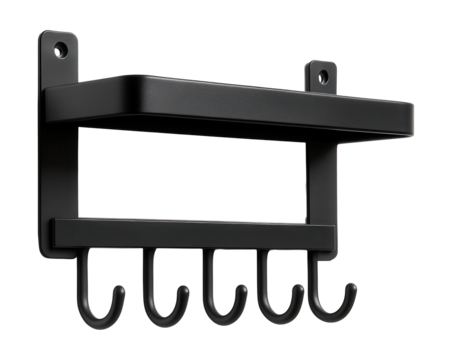 Wall-mounted metal shelf with hooks for hanging toy bags in a small hallway.