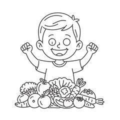 Cheerful boy with arms raised in victory, standing behind a pile of healthy fruits and vegetables child