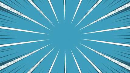 Blue comic book style radial burst background with halftone dots effect