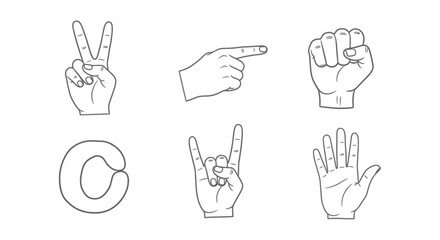Six hand gestures illustrations: peace sign, pointing, fist, C shape, rock on, and open palm.