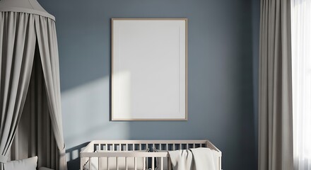 Baby nursery room interior with a cozy wooden crib, soft gray canopy, and a blank vertical picture frame mockup on a stylish blue-grey wall with gentle sunlight