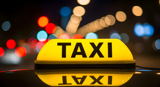 Catch a Ride with a Taxi Cab on a Night Out in the City with a Bright Yellow Taxi Sign on Top of Car Reflecting Street Lights