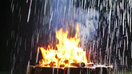 Campfire blazing in the rain, water droplets falling on flames