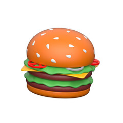 3D burger icon with lettuce, tomato, cheese, and beef patty, modern illustration