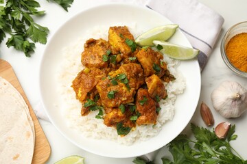 Chicken tikka masala with rice served on white marble table, flat lay